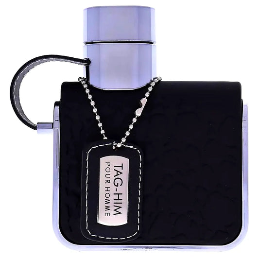 Frasco de fragancia Armaf Tag Him Eau de Parfum pour homme con diseño elegante, detalles dorados y elegante marca.