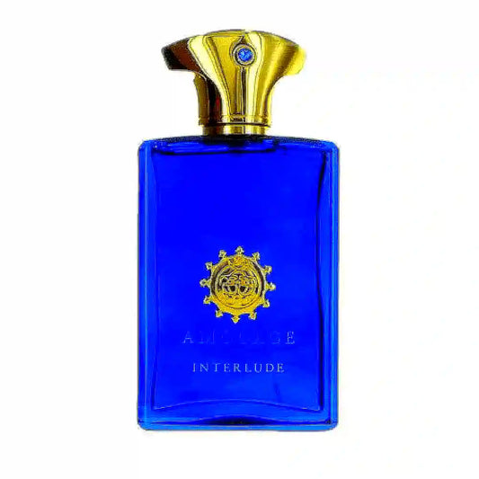 Amouage Interlude Eau de Parfum para hombre, un lujoso frasco de fragancia con un diseño elegante y oscuro y detalles dorados, que desprende elegancia y sofisticación.