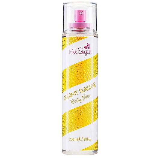 Un frasco de Aquolina Creamy Sunshine Fragrance Brume con un diseño soleado y cálido y detalles dorados.