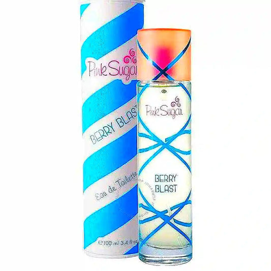 Frasco de Aqualina Pink Sugar - Berry Blast Eau de Toilette para mujer con un diseño de temática rosa y de bayas, con una estética juguetona y femenina.
