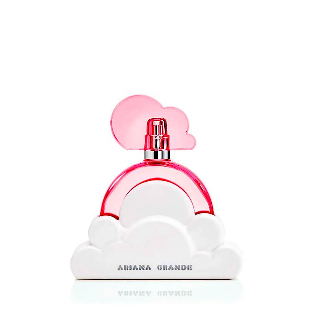 Frasco de perfume Ariana Grande Cloud Pink con degradado ombre rosa, detalles dorados y una esponjosa tapa en forma de nube.