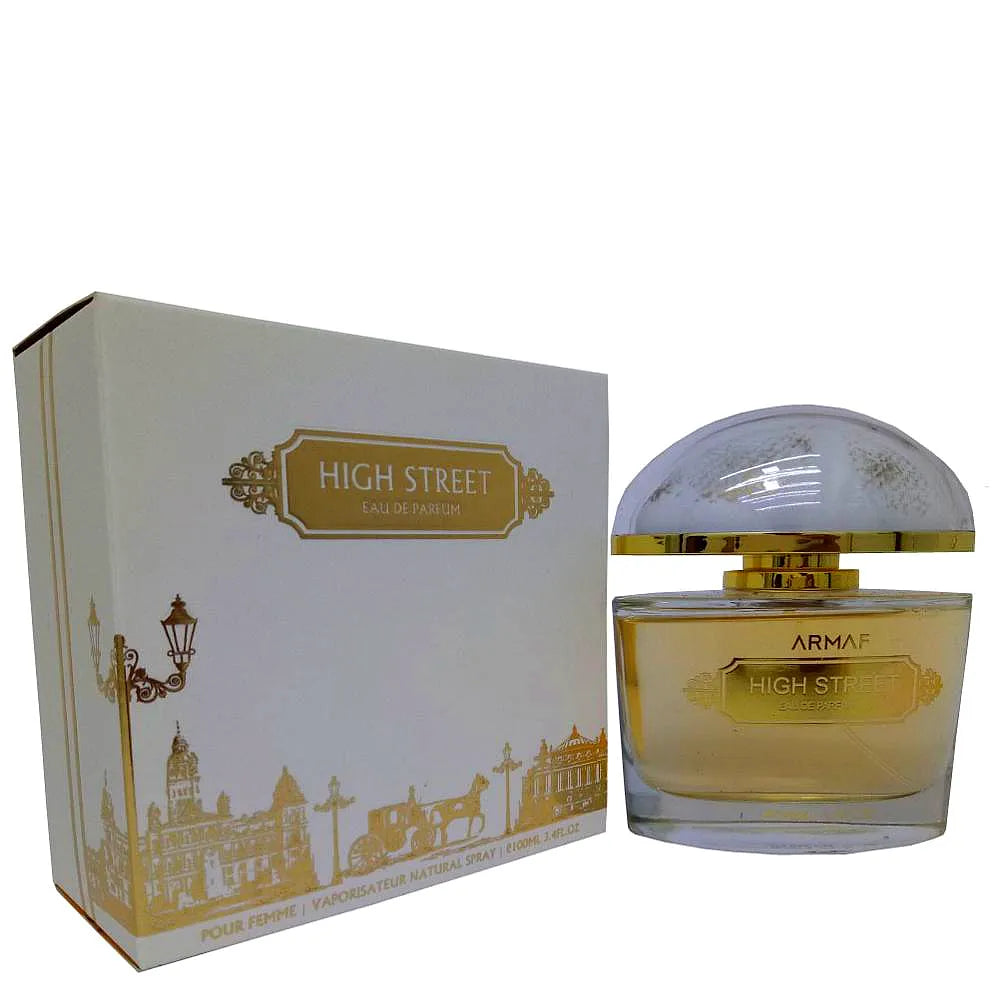 Armaf High Street Eau de Parfum pour femme, una elegante fragancia floral para mujer en un elegante frasco de cristal con detalles dorados.