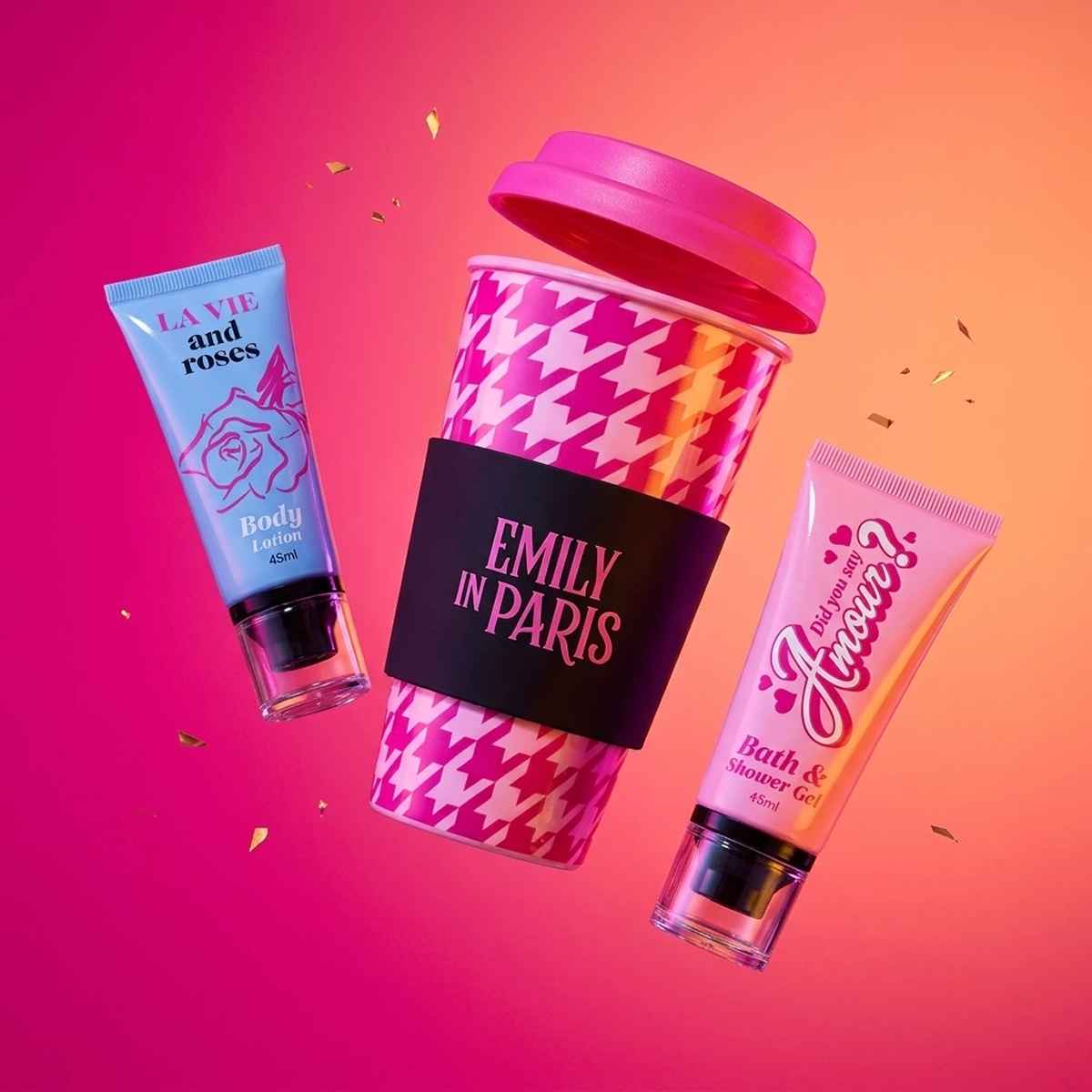 Emily in Paris - Estuche Travel Mug + Bath & Gel de Ducha + Loción Corporal